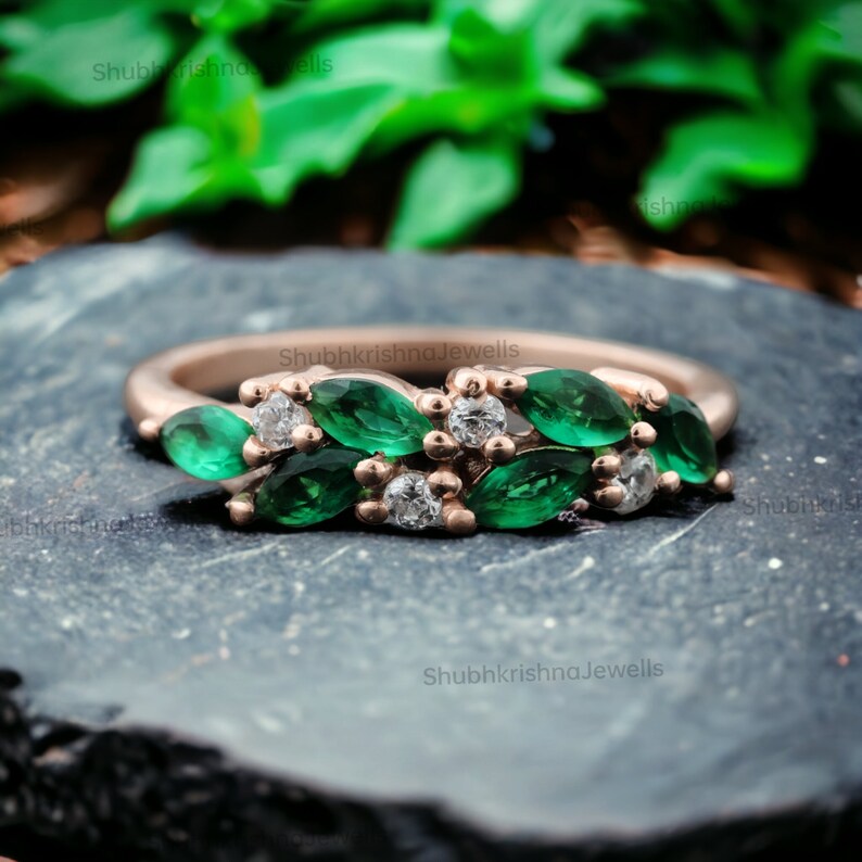 Vintage Emerald Wedding Band 14K Yellow Gold Band Marquise May ...
