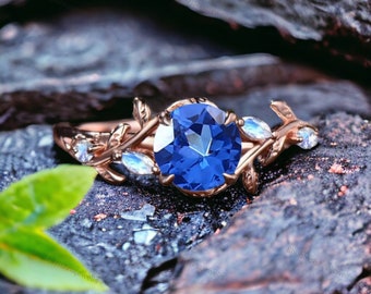 Vintage Blue Sapphire Engagement Ring Antique Twig Leaf Bridal Ring June Birthstone Gifts Moonstone Cluster Ring Statement Jewelry For Love