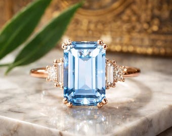 Aquamarin Verlobungsring Smaragd geschnitten, zierliche Diamant Brautring, Baguette Diamant Ehering, Jubiläum Versprechen Ring, Geschenk für Frauen