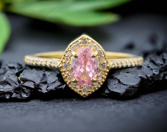 Unique Oval Cut Cornflower Sapphire Ring Rose Gold Pink Sapphire Wedding Ring Antique Bridal Diamond Halo Floral Ring Proposal Jewelry Gifts