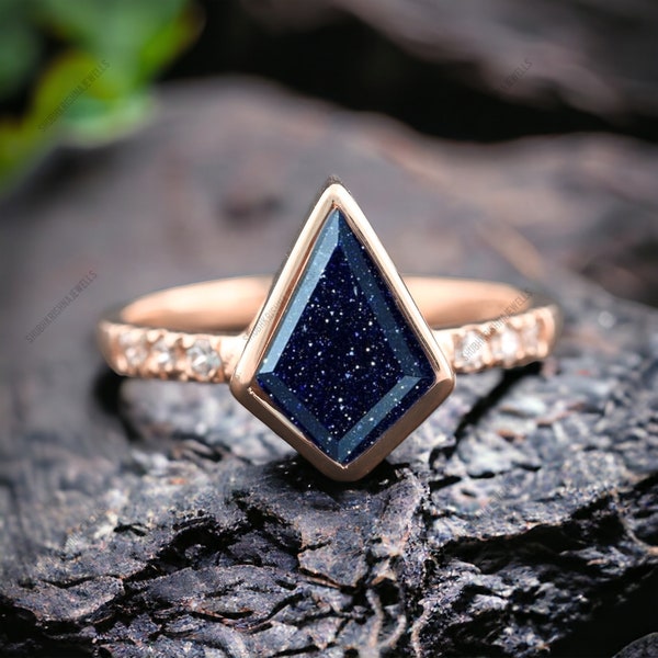 Kite Cut Galaxy Sandstone Bridal Ring Unique Blue Goldstone Wedding Ring Art Deco Proposal Jewelry Orion Nebula Promise Ring Customized Gift