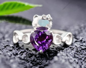 Heart Shape Amethyst Kitty Ring Antique Animal Lover Ring  Japanese Cartoon Ring 14k White Gold Inspired Jewelry Cat Lover Gift For Couples