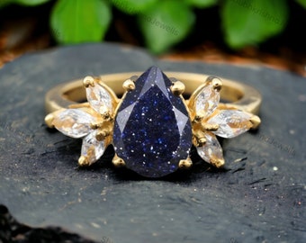 Vintage Sandstone Engagement Ring Art Deco Moissanite Wedding Ring Pear Cut Blue Goldstone Statement Jewelry Stacking Ring Gift For Friends