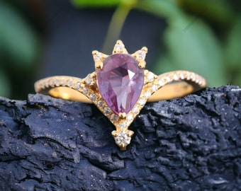 Pear Shape Amethyst Ring, Crown Diamond Ring, Curved Matching Ring, 14k Solid Gold Wedding Jewelry, Purple Gemstone Birthday Promise Gift,
