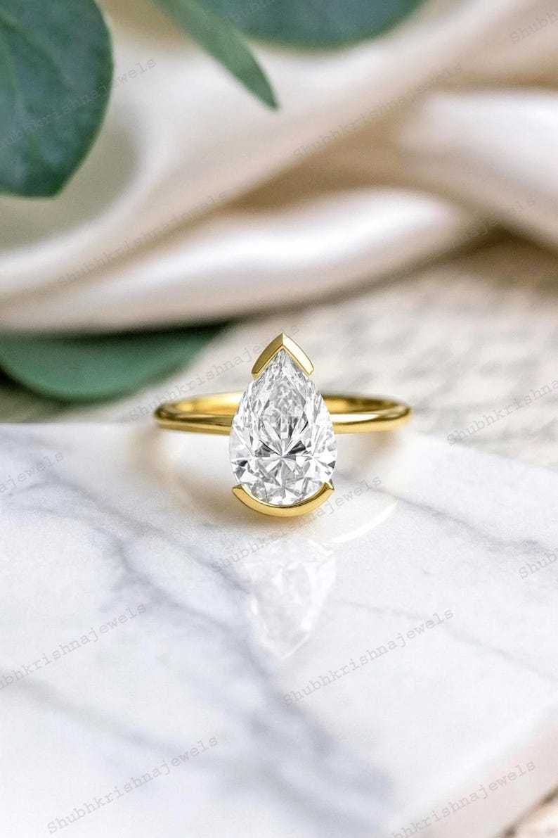 Half Bezel Set Pear Cut Moissanite Engagement Ring 14K Gold Wedding ...