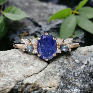 Natural Lapis Lazuli Gemstone Ring Vintage Alexandrite Cluster Ring Art Deco Opal Engagement Ring Multi Gemstone Jewelry Holiday Gift Rings