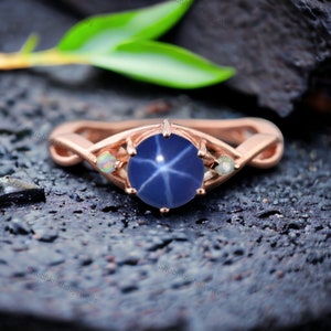 Blue Lindy Star Sapphire Ring Six Rays Blue Sapphire Stackable Ring Unique 10K Gold Opal Twisted Ring Personalized Gifts Women Fine Jewelry