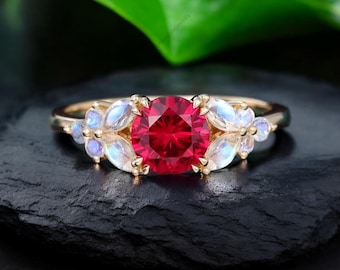 Round Shape Ruby Proposal Ring Art Deco Bridal Ring Marquise Moonstone Engagement Ring Twig And Vine Jewelry Anniversary Gift for Wife