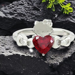 Anillo inspirado en gatitos, anillo de granate de Hello Kitty, anillo novedoso de dibujos animados japoneses, anillo de gatito de plata 925, joyería para amantes de los animales, regalo para amantes de los gatos