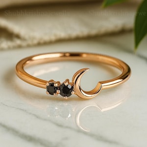 Black Diamond Moon Crescent Wedding Band 14K Gold Stacking Ring Stackable Rings Thin Gold Ring Handmade Fine Bridal Jewelry Gift For Her