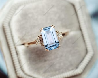 Emerald cut Aquamarine Engagement Ring, Dainty Diamond Bridal Ring, Baguette Diamond Wedding Ring, Anniversary Promise Ring, Gift For Women