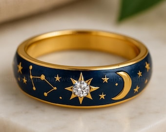 Galaxy Enamel Dome Ring • Dark Blue Enamel Band with Moissanite Stars & Moon • Celestial Night Sky Ring • Unique Galaxy Jewelry Gift for Her