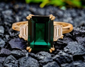Emerald Diamond Engagement Ring 14k Solid gold Emerald Cut Green Lab Created Diamond Wedding Ring Minimalist Anniversary Ring Statement Gift