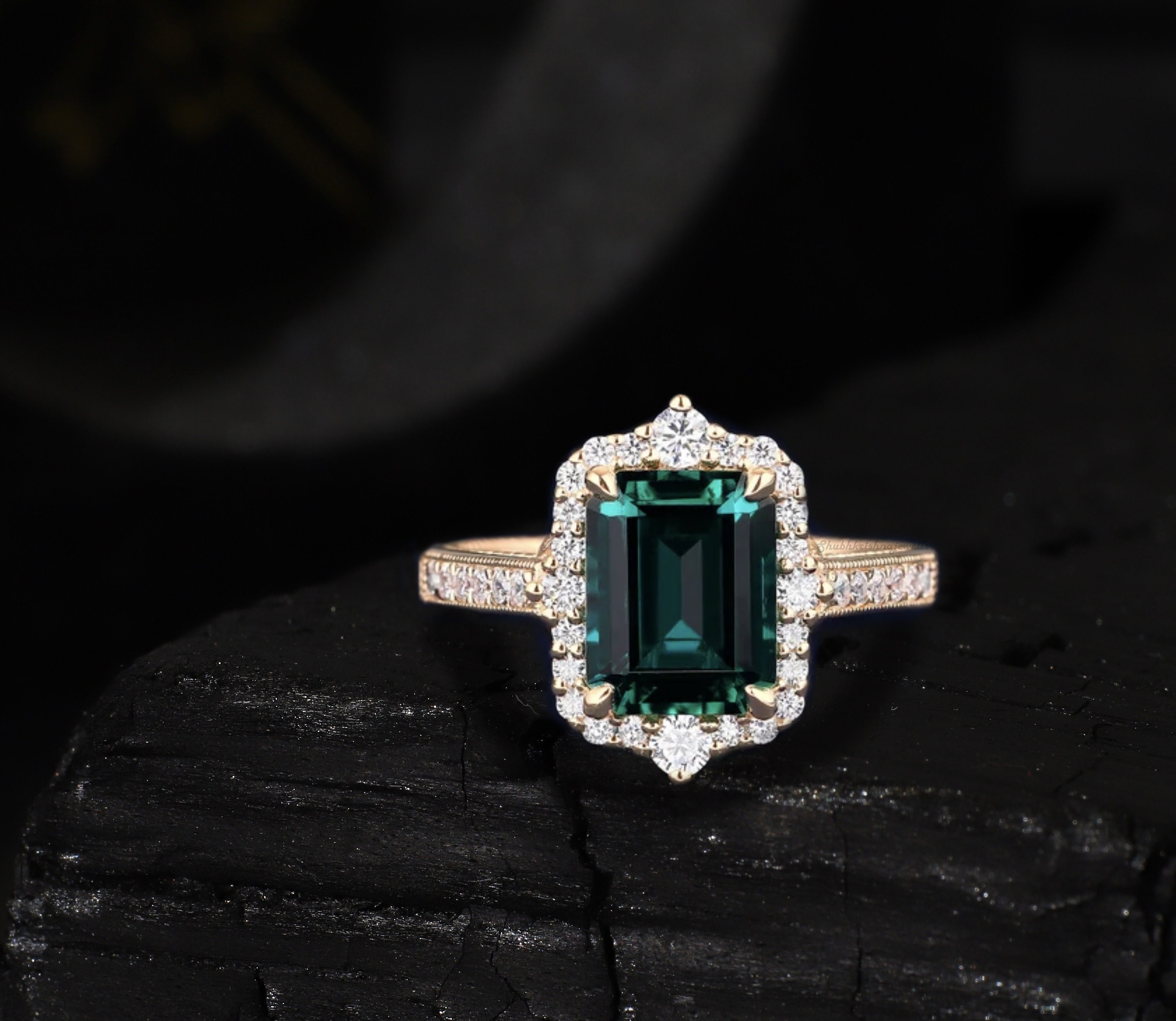 Emerald Cut Green Emerald Engagement Ring 14k Yellow Gold Etsy