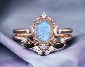 Natural Blue Labradorite Ring Set Unique Art Deco Crescent Moon Engagement Ring Black Onyx Wedding Band Half Eternity Diamond Stacking Band