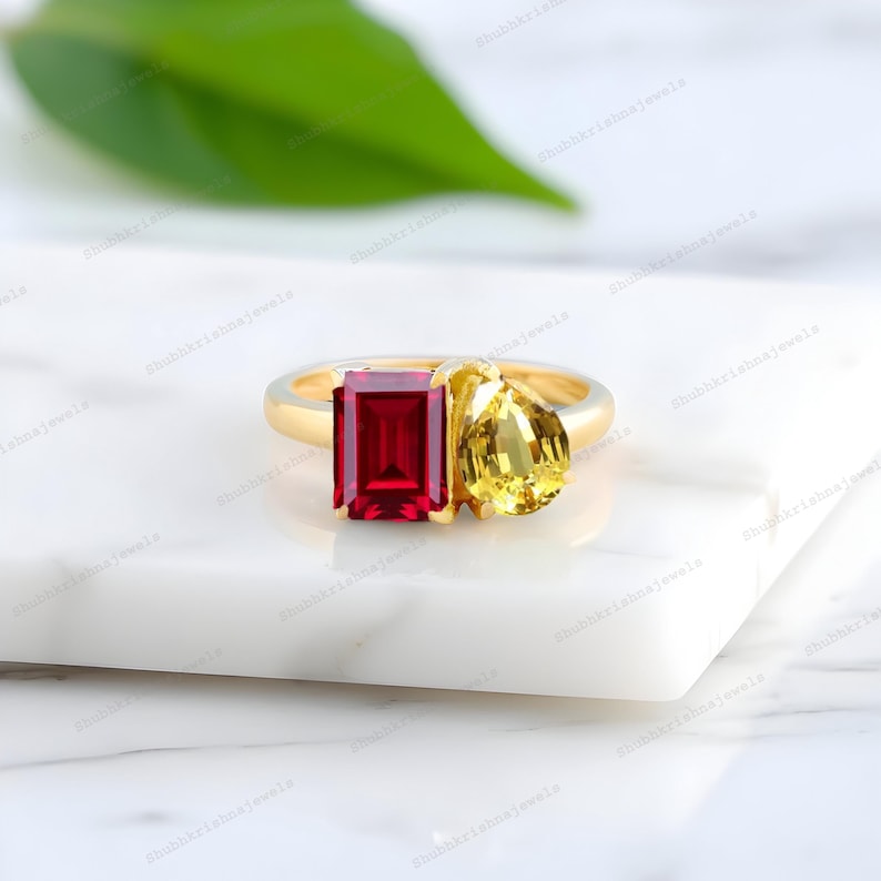 Rubin Citrin Cluster Ring Gelbgold Verlobungsring Toi Et Moi Versprechen Edelstein Geschenke Angepasst Jubiläum Goldring Kostbarer Ring Bild 2