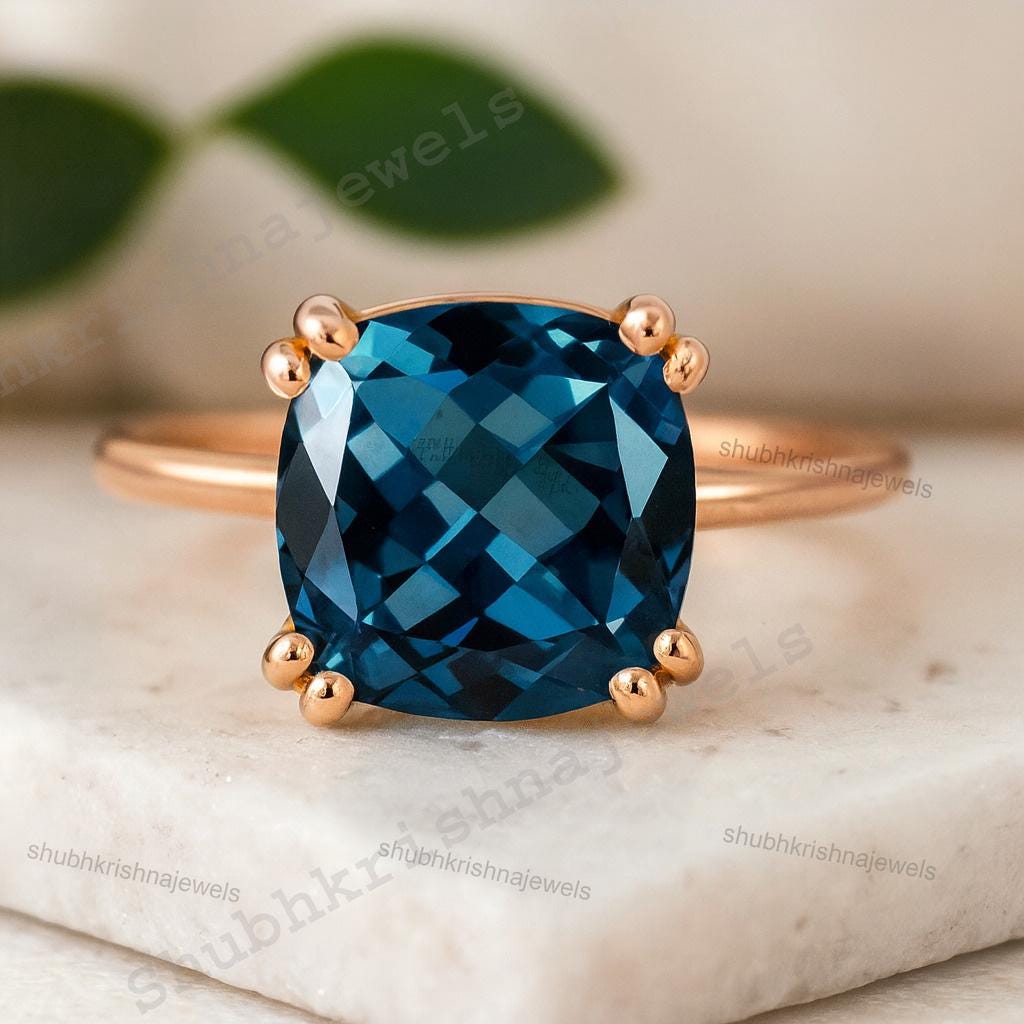 London Blue Topaz Ring Cushion Cut 925 Sterling Silver Ring 18k Gold ...