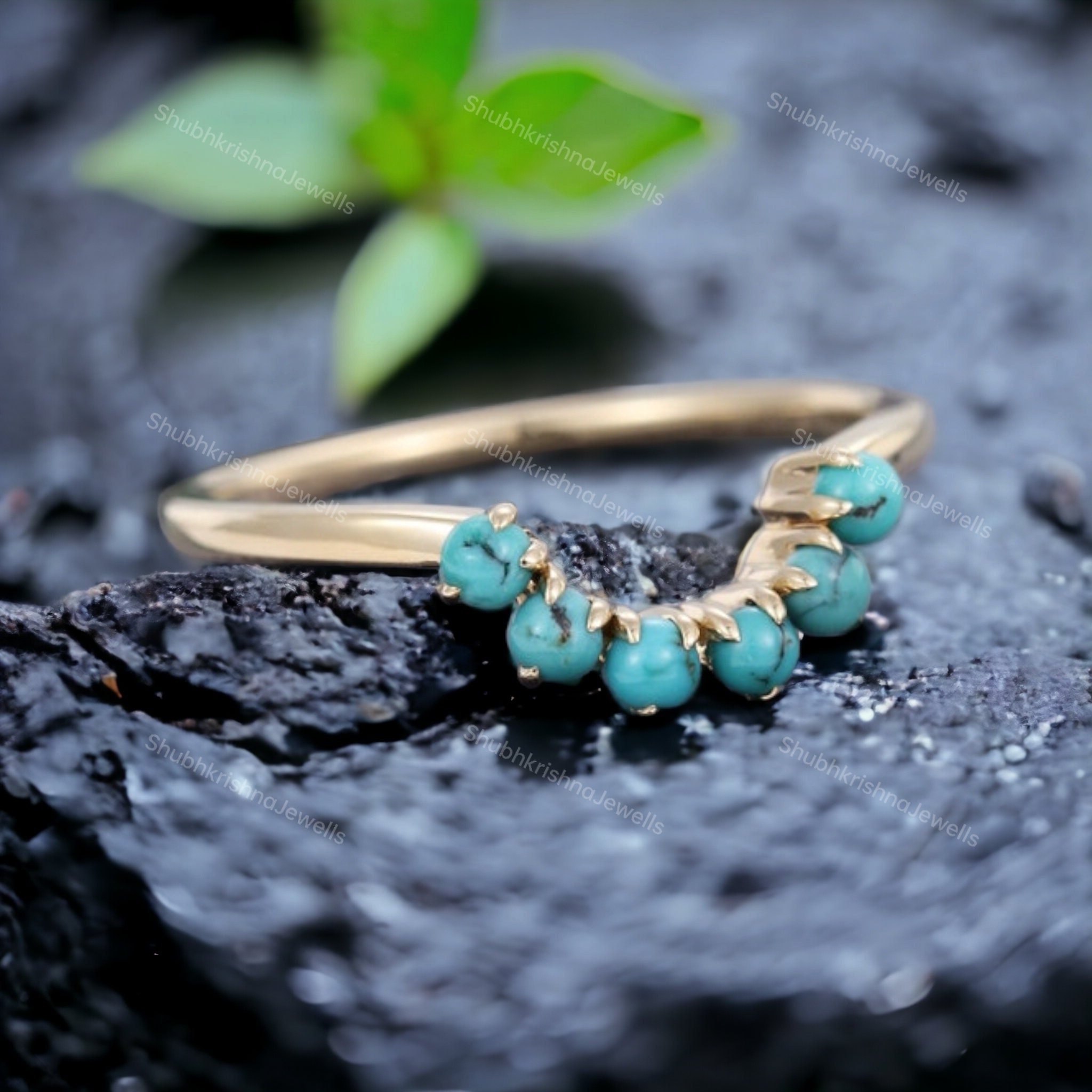 Vintage Turquoise Curved Wedding Band 14K Yellow Gold Chevron - Etsy