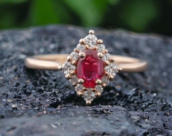 Elegant Pink Ruby Engagement Ring Halo Diamond Bridal Ring Unique Design July Birthstone Jewelry Art Deco Women Anniversary Birthday Gift