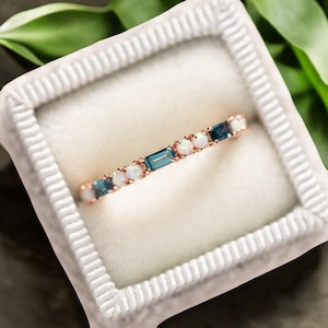 Alexandrite Ring, Opal Half Eternity Wedding Band Rose Gold Art Deco Baguette Stacking Band Anniversary Ring June Birthstone Ring Women Gift