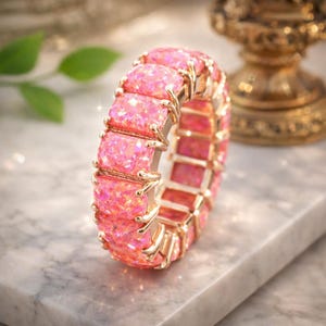 Alianza de boda con ópalo de fuego de corte baguette, apilable con ópalo rosa, anillos de compromiso de eternidad completos, joyas con piedra natal de octubre, regalos de aniversario