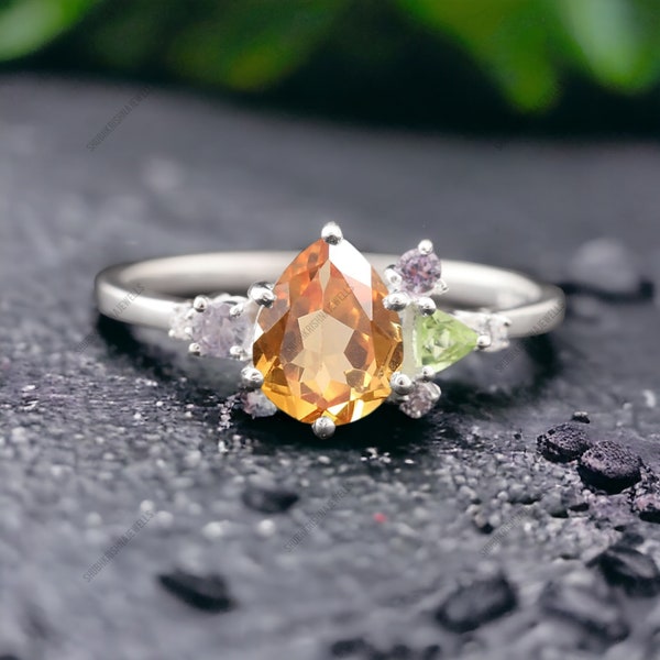 Pear Cut Citrine Engagement Ring, Peridot Cluster Promise Ring, Multi Gemstone Bridesmaid Ring, 925 Sterling Silver Jewelry, Birthday Gifts