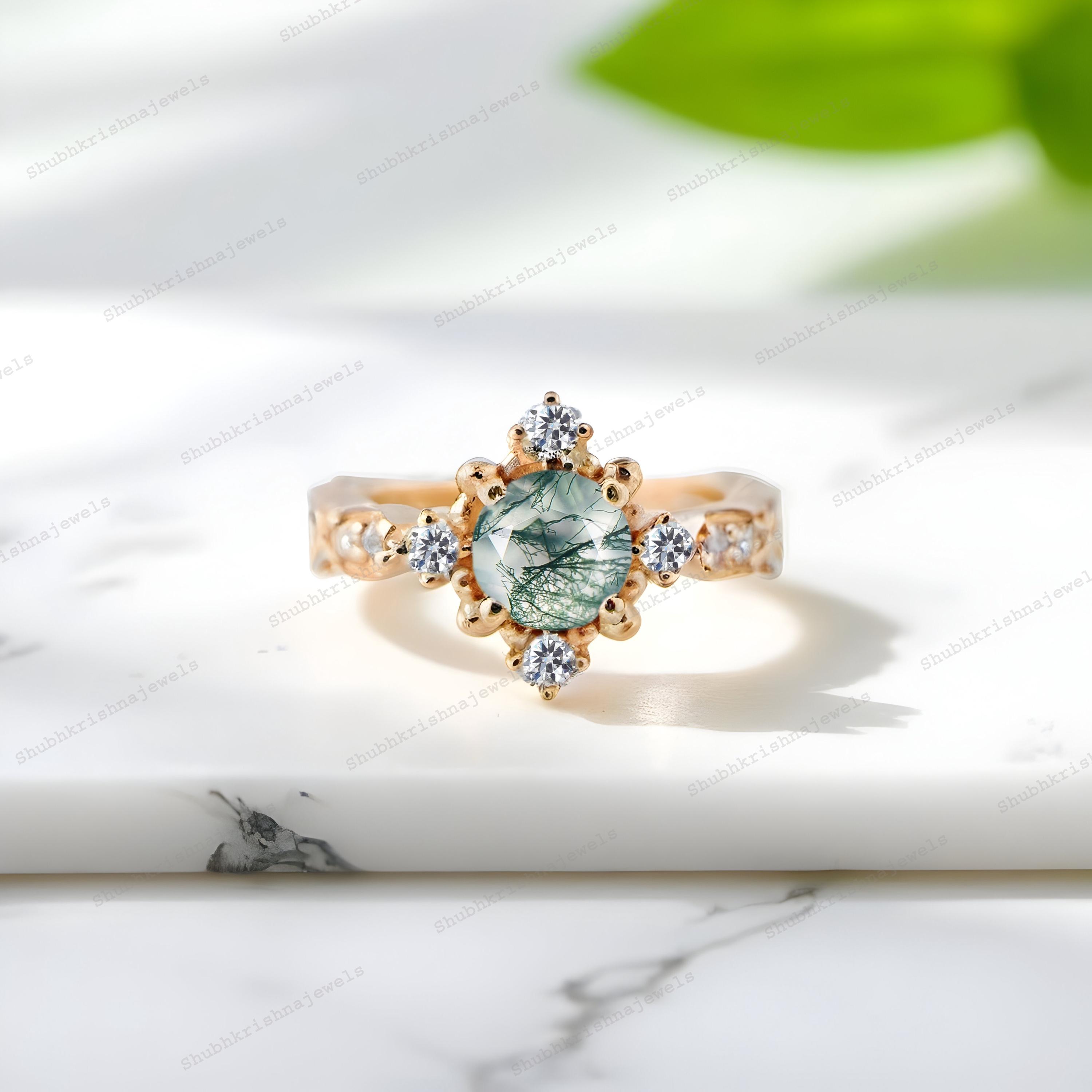 Round Natural Moss Agate Vintage Gold Plated Floral Promise Ring Art Deco Birthstone Ring CZ Promise Customized Anniversary Gift for Women