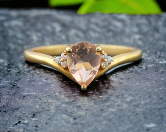 Vintage Morganite Bridal Ring, Diamond Cluster Ring, Unique Pear Shaped Peachy Morganite Promise Jewelry, 14k Yellow Gold Birthday Wife Gift