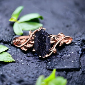 Nature Inspired Hexagon Cut Blue Sandstone Ring Twig Blue Goldstone Solitaire Engagement Ring Leaf Branch Galaxy Gemstone Ring Gift For Wife