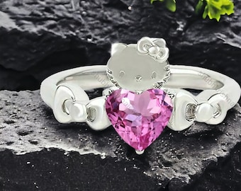 Kitty Inspired Ring Hello Cute Kitty Diamond Ring Japanese Cartoon Novelty Ring 925 Silver Kitty Ring Animal Lover Jewelry Cat Lover Gift