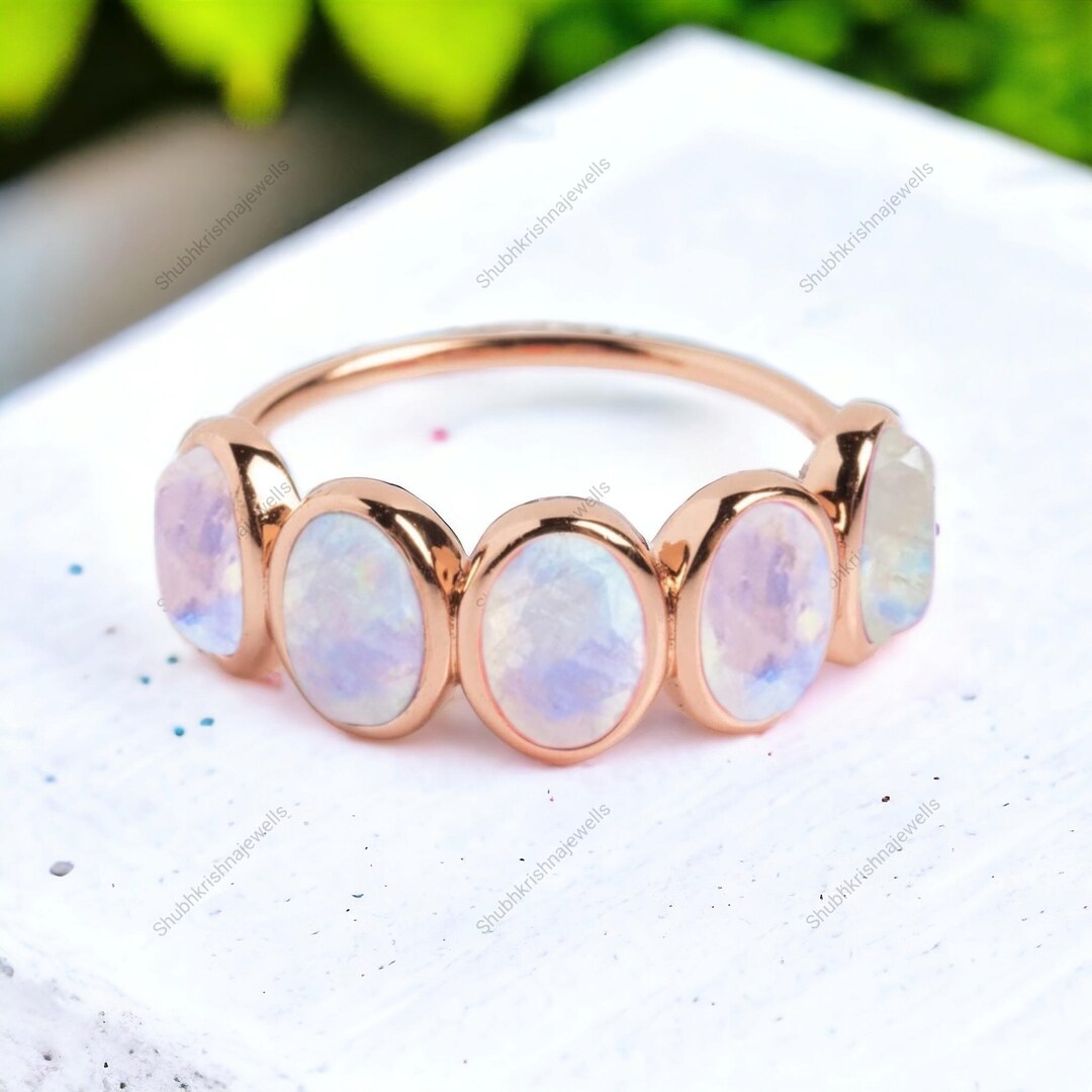 Blue Moonstone Ring, Vintage Moon Band, Moonstone Wedding Band, Rose ...