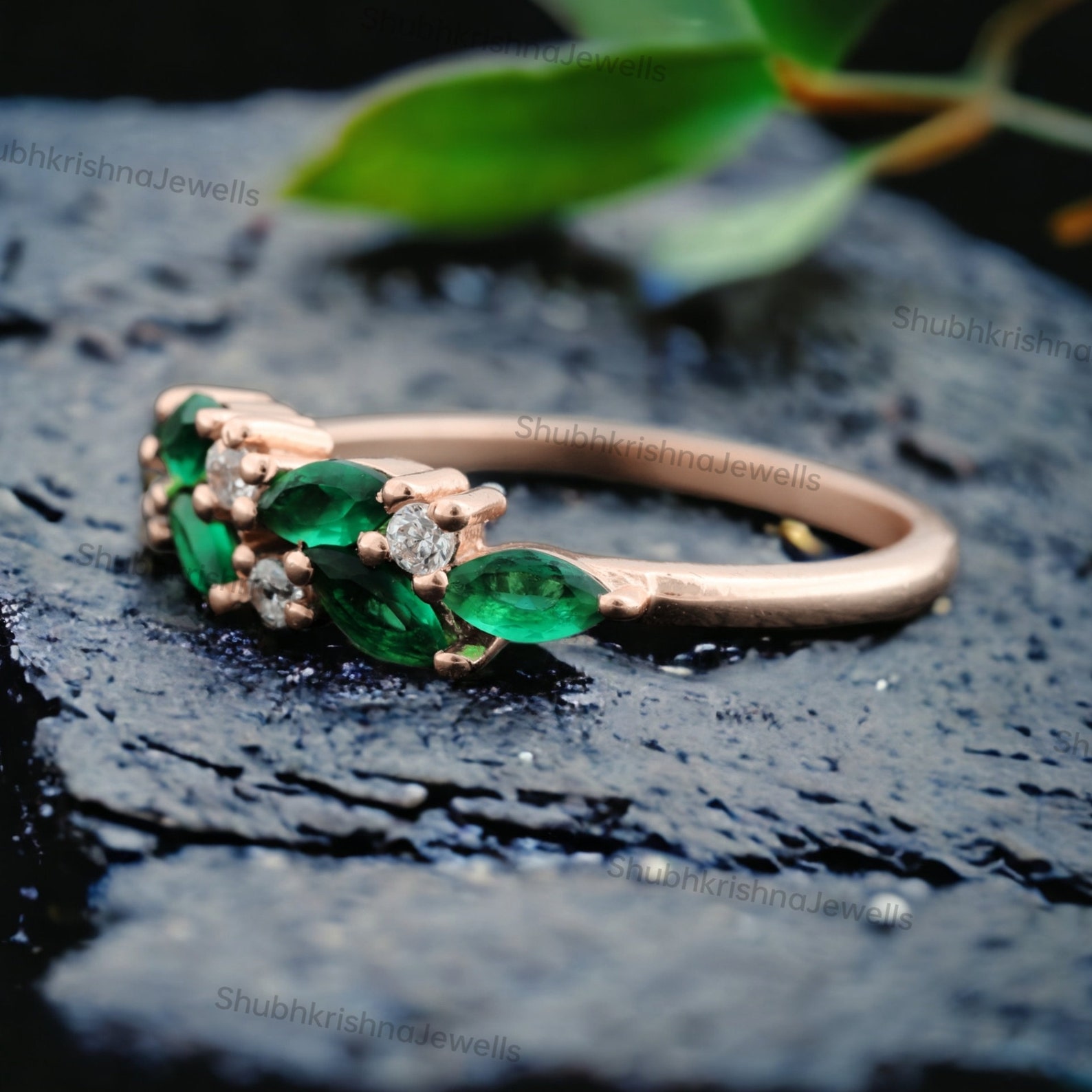 Vintage Emerald Wedding Band 14K Yellow Gold Band Marquise May ...