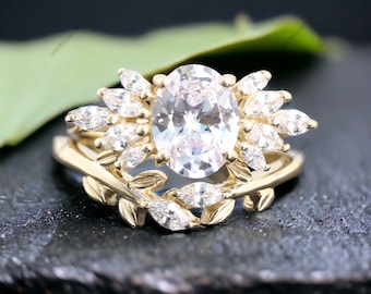 Oval Moissanite Engagement Ring Set Antique Marquise Cluster Diamond Wedding Ring Elegant Solid Gold Bridal Promise Jewelry Anniversary Gift