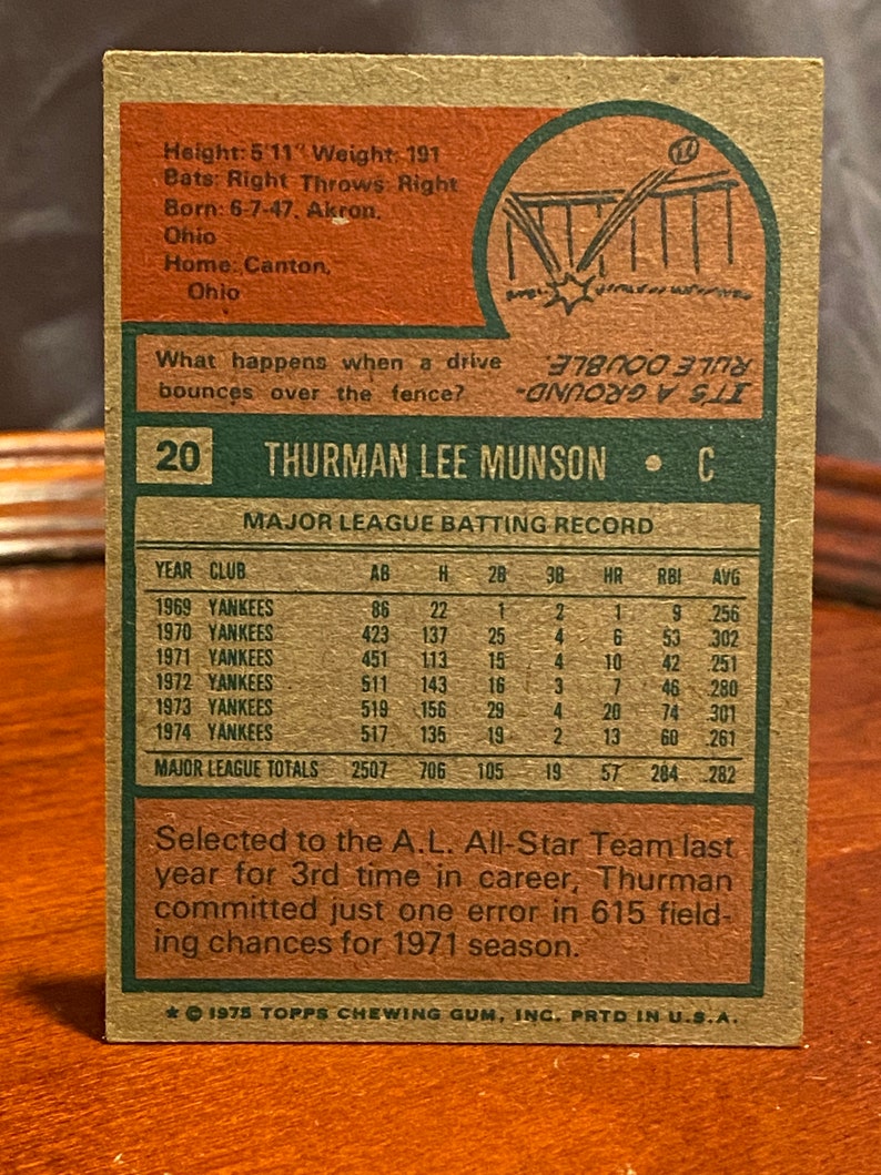 1975 Thurman Munson Baseball Card Etsy