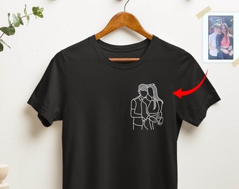 お父さん用ポートレート写真Tシャツ、刺繍入りカスタムアウトラインスケッチ画像シャツ、パーソナライズされた家族お揃いTシャツ、お父さんへの父の日ギフト