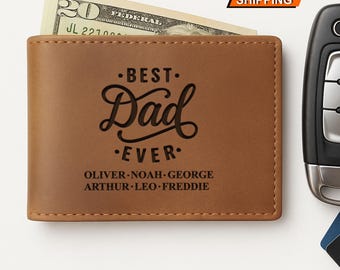 Cartera de cuero personalizada para papá, con nombres de niños grabados, regalo para el Día del Padre