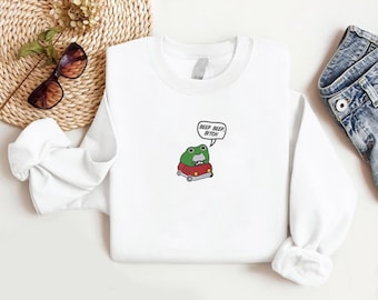 Embroidered Frog Sweatshirt Funny Cottage Core Frog Lover Sweater, Silly Gift, Beep Beep Frog Meme Jumpers, Frog Lover Gifts, Funny Sweater