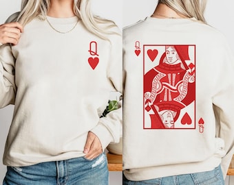 Walentynkowa bluza z nadrukiem Królowej Serc, Swetry z okrągłym dekoltem z nadrukiem Królowej Serc, Bluza na Walentynki, Prezenty walentynkowe dla dziewczyn