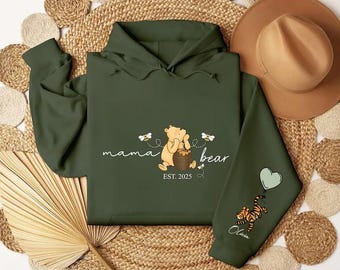 Personalised Mama Bear Hoodie, Mum Hoodies with Kids Names, Mother's Day Gifts for Her, Mom Bear Printed Jumpers, Pregnancy Gift for New Mom