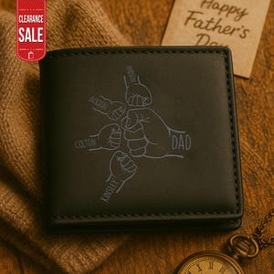Personalized Dad Fist Bump Leather Wallet, Custom Engraved Father's Day Gift, Kids' Names Wallet, Matching Family Keepsake Gift, Dad Present