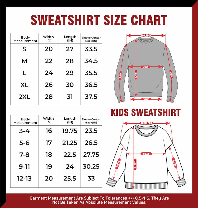 Peut inclure: Tableau des tailles de sweat-shirts avec mesures du corps, de la largeur, de la longueur et des manches en pouces. Comprend des guides des tailles de sweat-shirts pour adultes et enfants. Le tableau montre &eacute;galement des sch&eacute;mas.