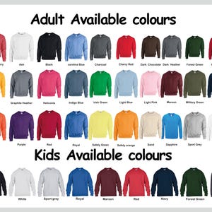 Peut inclure: Un nuancier pr&eacute;sente des couleurs de sweat-shirts pour adultes et enfants. Les couleurs pour adultes incluent le rouge, le noir, le bleu et le vert. Les couleurs pour enfants incluent le noir, le blanc et le bleu. Le texte en haut indique "Adult Available colours".