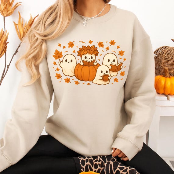 Ghost Pumpkin Season Sweatshirt, Autumn Fall Ghost Crewneck, Fall Leaves Coffee Latte Jumper, Gifts for Book Lover, Autumn Fall Gift for Her