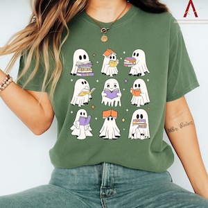 Ghost Reading Books Shirt, Bookish Halloween Shirt, Halloween Gifts for Teacher, Halloween Book Lover, Halloween School Tee, Halloween Gifts