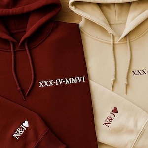 Custom Embroidered Initial Matching Hoodie, Personalised Roman Numeral Date Wife Jumper, GF BF Matching Hoody for Couples, Gift for Partner