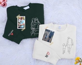 Custom Portrait from Photo Dad Sweatshirt, Embroidered Family Sketch Sweaters, Memorable Father&#39;s Day Gift, Special Matching Jumper for Dad