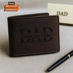 Carteras de cuero personalizadas para papá, cartera grabada con nombres de niños, regalos para el Día del Padre, regalos para papá primerizo, carteras personalizadas para papá, regalos para niños.