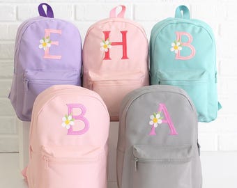 Embroidered Kids Backpack, Personalised Floral Initial School Bag, Girls Rucksack, Back to School Gift, Preschool Backpacks, Gifts for Girls