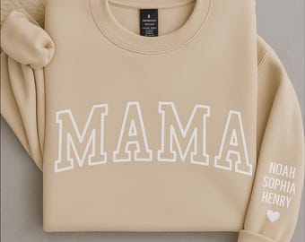 Personalized Mama Sweatshirt with Kid Names on Sleeve, Mothers Day Gift, Mama Embossed Sweater, New Mom Gifts, Minimalist Cool Mom Birthday