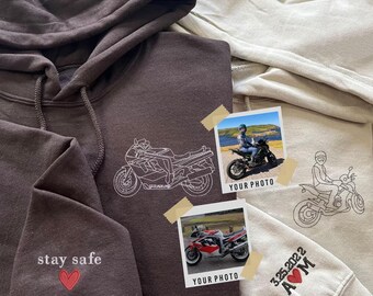 Sudadera con capucha bordada con retrato de bicicleta, sudadera con capucha personalizada con boceto de arte lineal de bicicleta, sudadera unisex para motociclistas, regalo para esposo, regalo de San Valentín para novio.